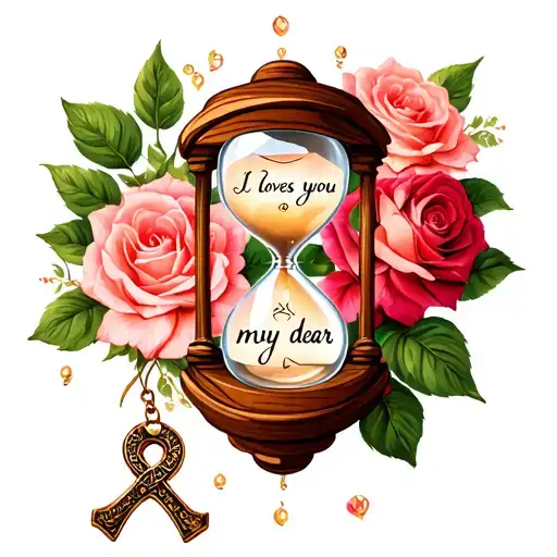 Wooden Jeweled hour glass engraved with I loves you my dear bunched between a rose and carnation  and a ankh bracelet wr tattoo design idea
