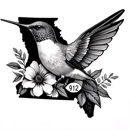 Fourarm tattoo with the shape of Georgia state outline hummingbird and flowers, the area code 912, the Chevrolet bow tie tattoo design idea