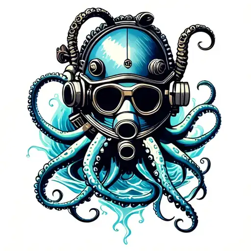 tattoo design nautical theme with diver helmet adorned and tentacles and deep ocean details for a hand tattoo tattoo design idea