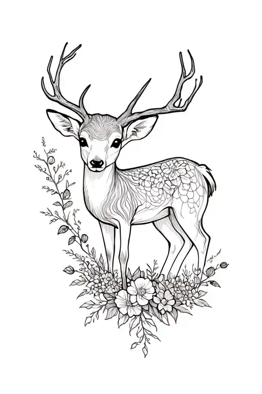 baby deer wrapped in vines and flowers growing together tattoo design idea