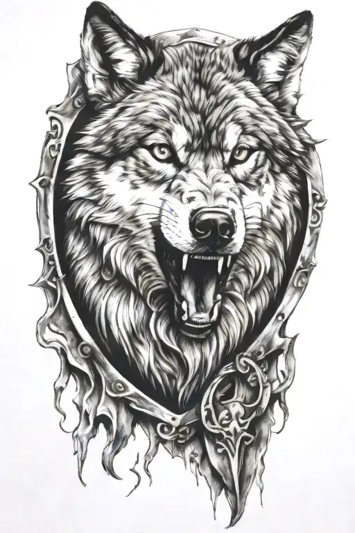 fierce wolf shield tattoo design idea