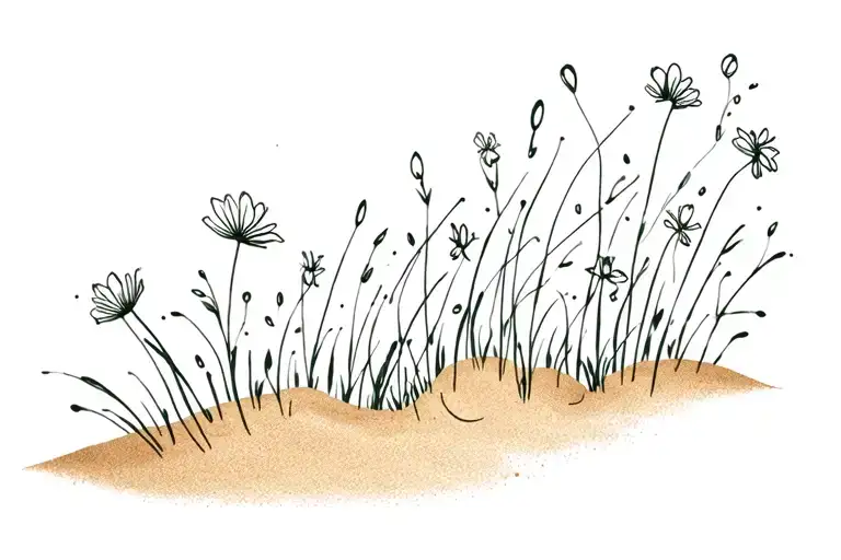 sand grains with flowers and grass around tattoo design idea