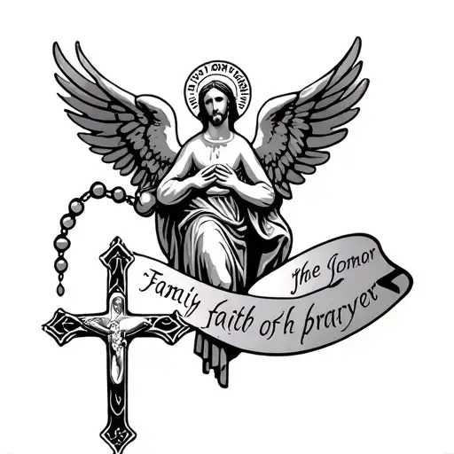 A cross a rosary on it 2 angel the holy Mary and Jesus and writes family honor faith and the hands of prayer tattoo design idea