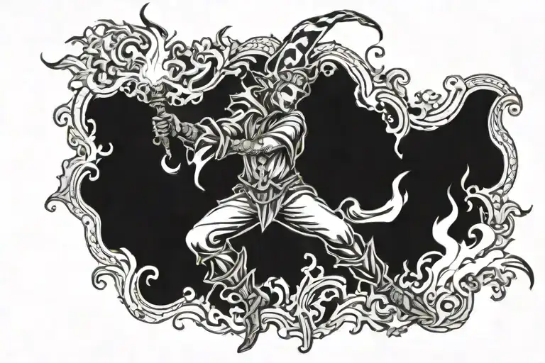 jester dancing on fire tattoo design idea