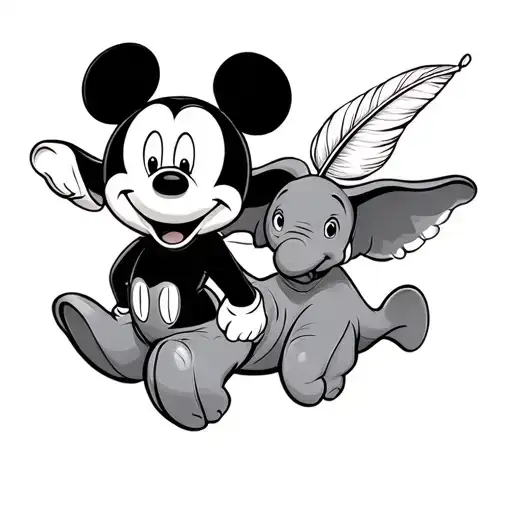 Mickey mouse flying on dumbo and dumbo has a feather in the nose tattoo design idea