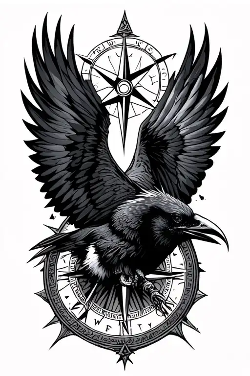 abstract Viking compass with raven flying towards behind  tattoo design idea