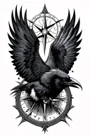 abstract Viking compass with raven flying towards behind  tattoo design idea