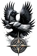 abstract Viking compass with raven flying towards behind  tattoo design idea