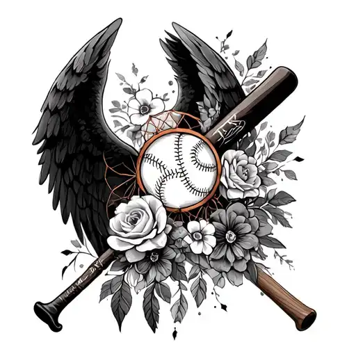 angel wings left side floral with dream catcher right side baseball and baseball bat tattoo design idea