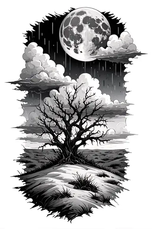 lonely bush of thorn in the desert, clouds, rain and moon in the back of clouds tattoo design idea