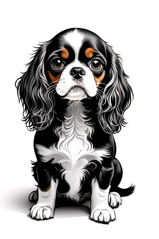 Can you create a greyscale caricature of a seated cavalier king charles spaniel, looking up with big eyes? tattoo design idea