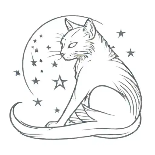 black cat with grey stripes, angel wings, white chest, half moon, stars tattoo design idea