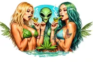 two blonde haired girls in bikinis partying smoking weed with two alien males tattoo design idea
