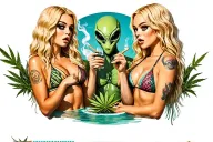 two blonde haired girls in bikinis partying smoking weed with two alien males tattoo design idea