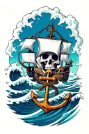 “Waves won’t break me” waves, ship, anchor skeleton tattoo design idea