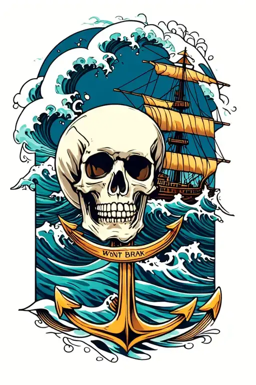 “Waves won’t break me” waves, ship, anchor skeleton tattoo design idea