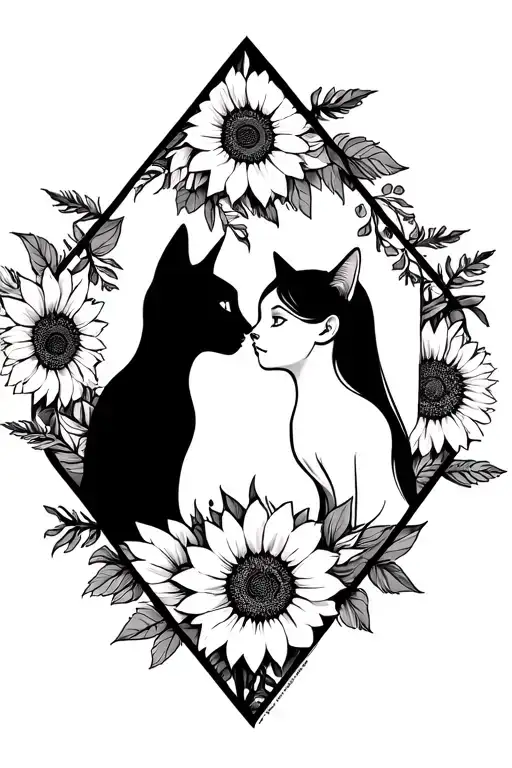 cat and woman silhouette nose to nose in black and white, inside a lozenge with sunflowers and leaves surrounding the lo tattoo design idea