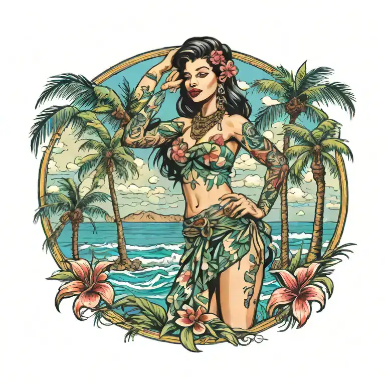 hula girl pin up with tattoos standing with palm trees and the ocean in color tattoo design idea