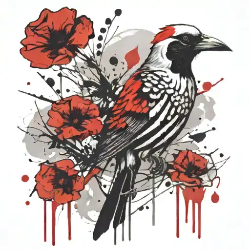 skeleton bird with poppy tattoo design idea