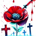 A large red poppy flower and a syringe dripping with blood. Drops of blood are dripping onto the grave crosses.  tattoo design idea