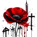A large red poppy flower and a syringe dripping with blood. Drops of blood are dripping onto the grave crosses.  tattoo design idea