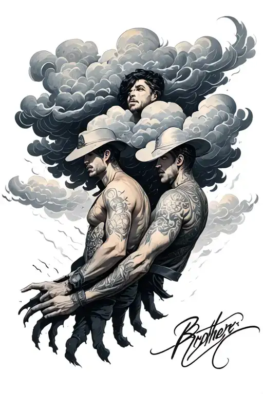 brothers in a storm cloud arm in arm rearview tattoo design idea