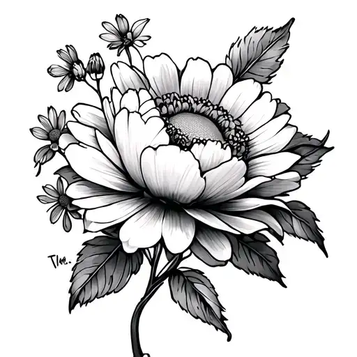 “A black and grey fine-line tattoo on the back of my shoulder. I want a composition of 2–3 flowers — peony, daisy, and w tattoo design idea