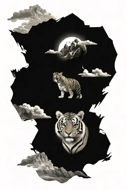 tiger and tiger cub against the backdrop of mountains and waterfalls. date 23.07.2022, yin yang symbol, sun and clouds tattoo design idea