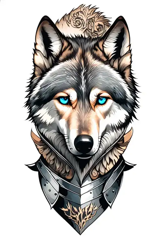wolf with blue eyes looking up on armor tattoo design featuring goth tattoo design idea