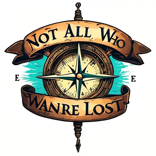 "Not All Who Wander Are Lost" 3d compass and banner tattoo design idea