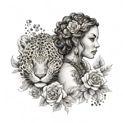 Teacher surrounded by a sleeve of cowrie shells and roses, with a jaguar symbolizing strength tattoo design idea