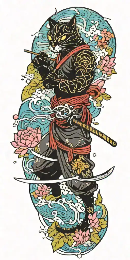 ninja cat holding katana, tail, water, waves, lotus, sakura, clouds, whirlpool, leaves, peony, sunset tattoo design idea