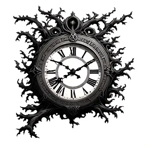 In the style of a minted tree on which a tree, from the branches of which a molten dial of a clock with Roman numbers flows tattoo design idea