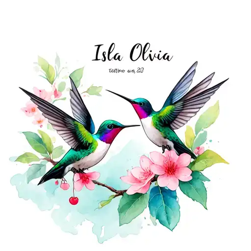 Create me a tattoo with hummingbirds and cherry blossoms incorporate the names Isla and Olivia tattoo design idea