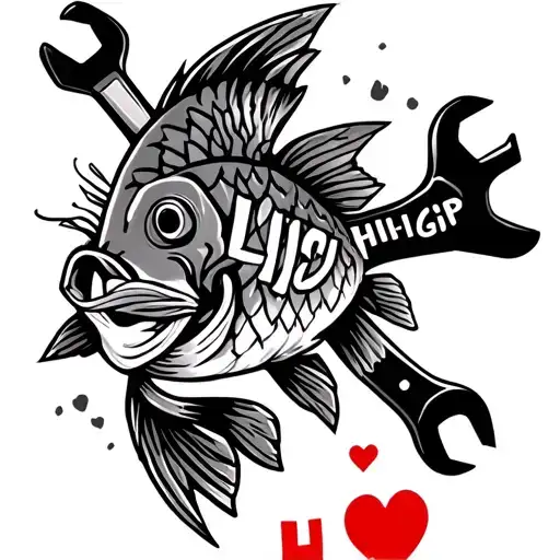 forearm tattoo, with a carp fish, the word "HILGIP", a bunch of wrenchs, and a heart tattoo design idea