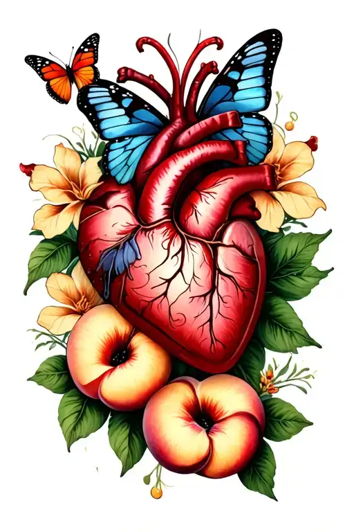 heart rhythm, peaches, butterflies tattoo design idea