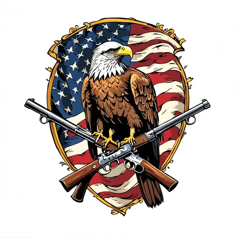 Bald Eagle perched on 2 old muskets crossed like an X with an American flag waving in the background. tattoo design idea
