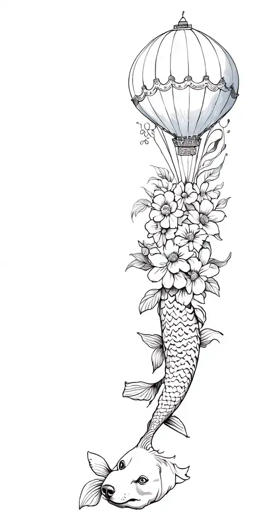 Whole arm with: dog face, koi carp, mini hot air balloon, orfeo and euredice. All linked by flowers tattoo design idea
