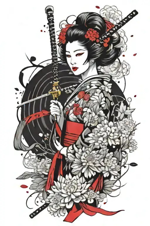 geisha holding a katana, omamori with background filler chrysanthemum floral tattoo design idea