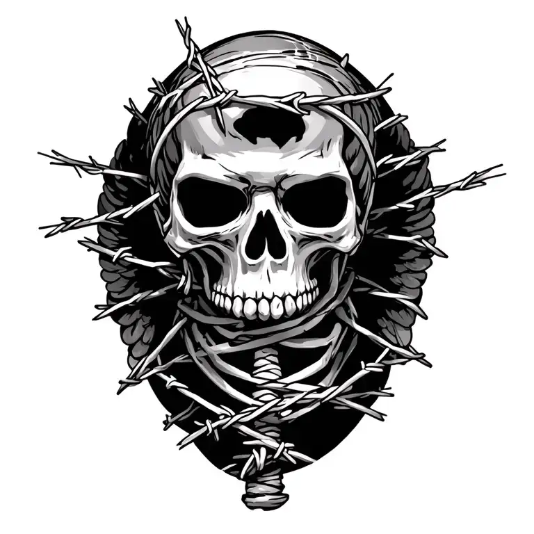 rugby ball barb wire wrapped skeleton angel tattoo design idea