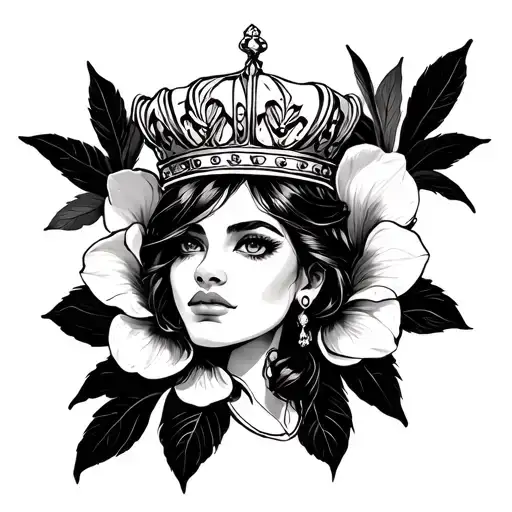 cattleya the ganster princess with a crown,with cattleya flower around it. tattoo design idea