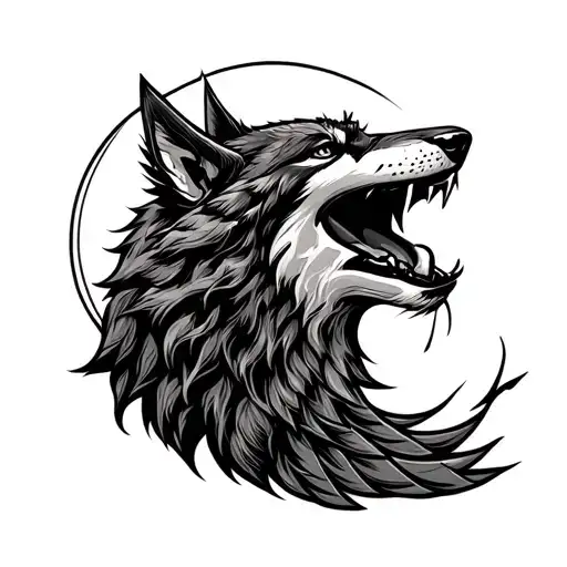 horus eye, medieval style, mysterios, with wolf howling at the moon tattoo design idea