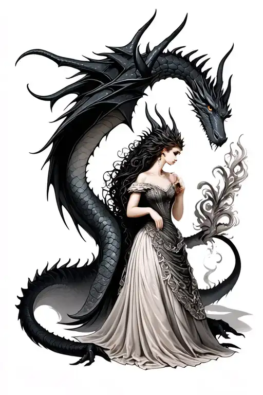 Dark dragon tattoo with shadowed scales protecting a princess with detailed dress, realistic style black tattoo design idea