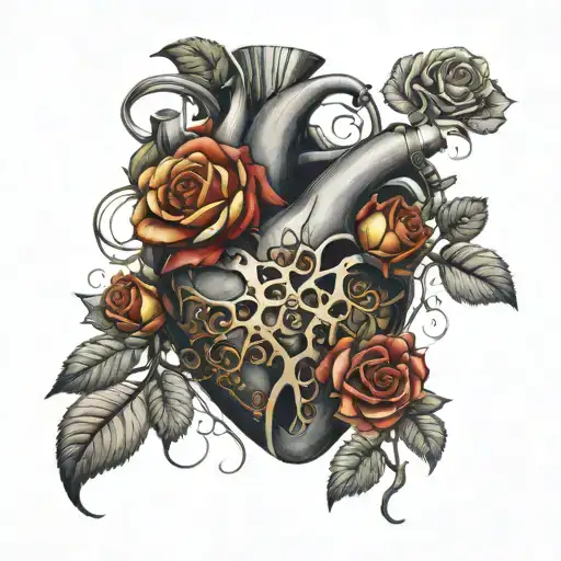mechanical heart with blooming roses intertwined tattoo design idea
