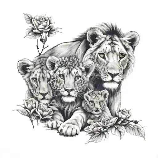lion,cubs, flowers tattoo design idea
