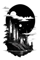 tall towers floating island simple tattoo design idea