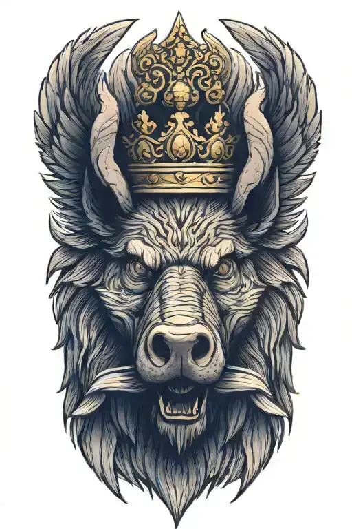 angry boar with wings wearing a crown  tattoo design idea