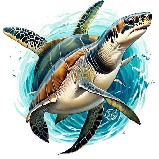 A sea turtle, and a shark swimming together in the sea waves, with a compass guiding them tattoo design idea