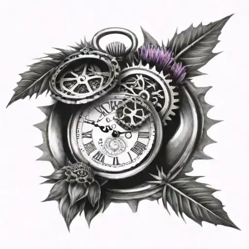 3 pocket watchs with thistle and gears intertwined tattoo design idea