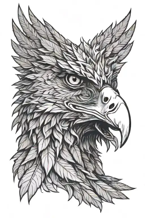 Layered eagle head portrait. Inner feathers detailed, outer feathers shaped like cannabis leaves, radiating outwards. tattoo design idea